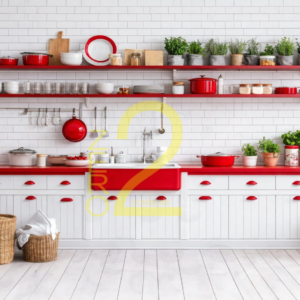 Realistic kitchen theme photography backdrop with white cabinets, red shelves, cookware and plants